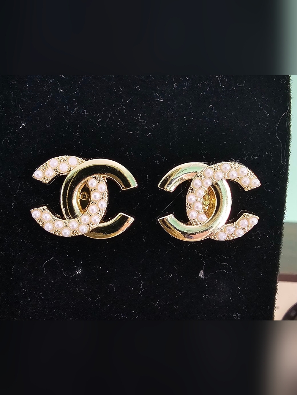 Upcycled Button CC Logo Stud Earrings with Gold And Pearl Accents